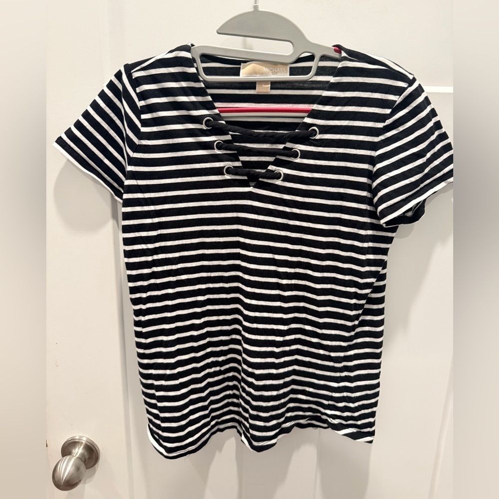 Michael Michael Kors Black White Stripe Lace-Up V-Neck Top Women’s Size S